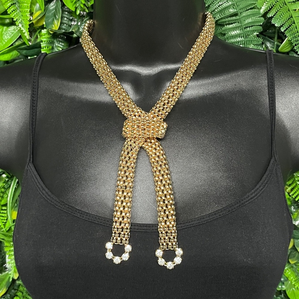 Mesh Tie Lariat Necklace Gold Tone Knotted Rhinestone Accent Popcorn Chain 3980